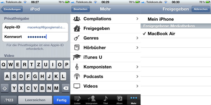 iTunes Home sharing beim iPhone unter iOS 4.3 (1)